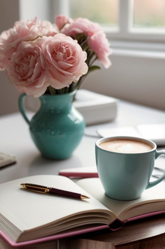 A desk with a journal, a cup of coffee and beautiful roses symbolising self-care.