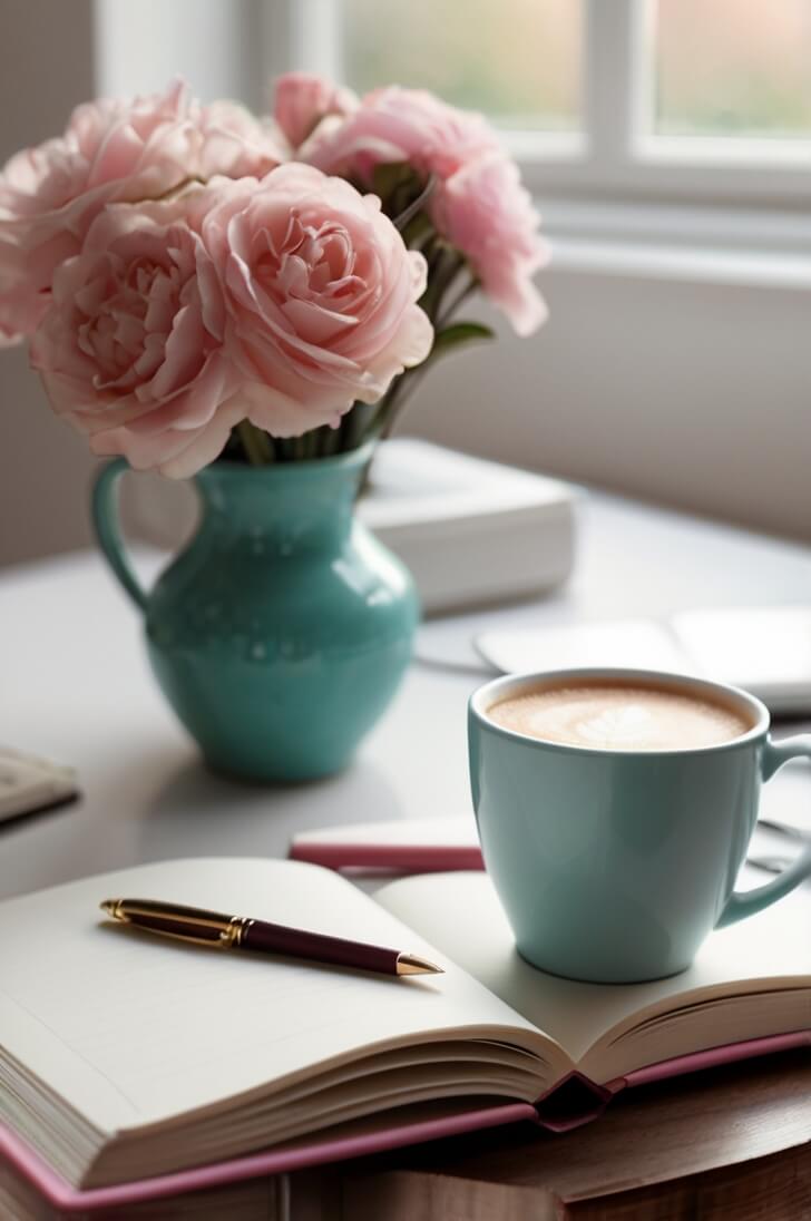 A desk with a journal, a cup of coffee and beautiful roses symbolising self-care.